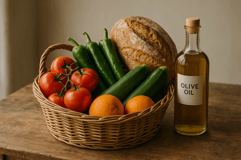 Fotografía de una cesta con verduras y hortalizas frescas de temporada